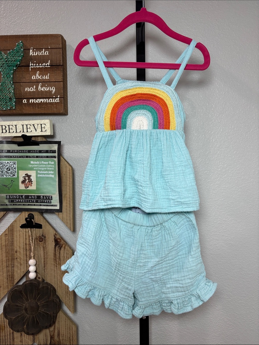 Girls Light Blue Rainbow Crochet Tank & Shorts Set 4T